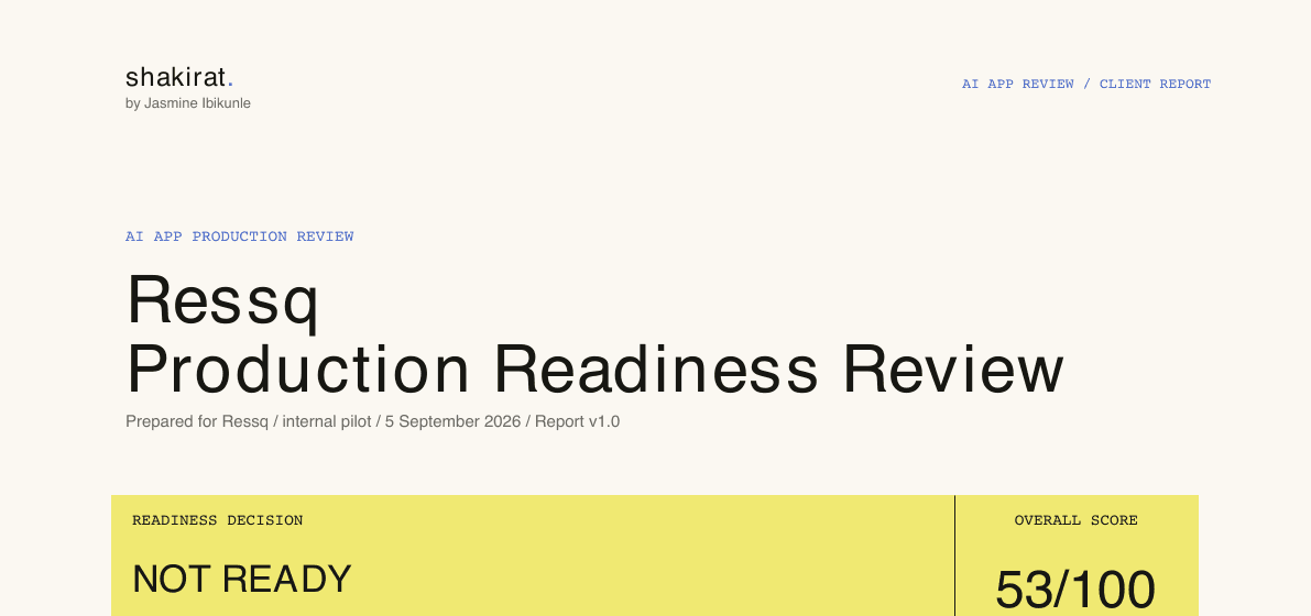 Cropped Ressq AI App Production Review showing the report title, Not Ready decision, and 53 out of 100 score
